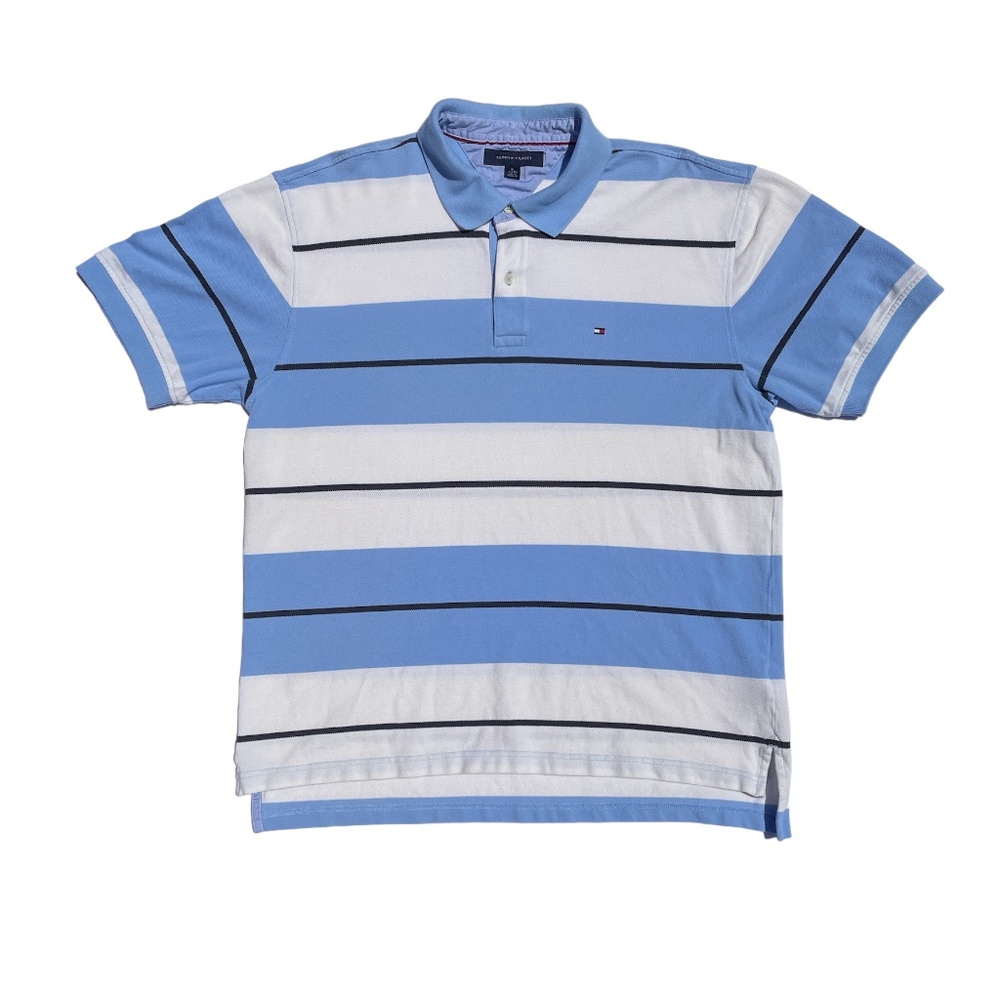 Mens TOMMY HILFIGER Blue White Red Striped Polo shirt XL 2-button